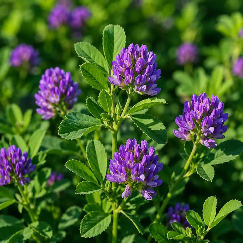 Blühende Bio Alfalfa mit grünen Kleeblättern und violetten Blüten – liefert pflanzliche Aminosäuren fürs kost!bar BIO Greens Pulver.