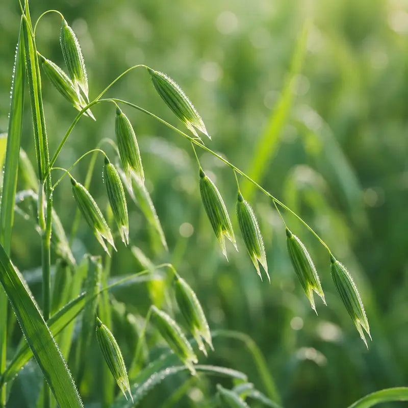 Junges Bio Hafergras mit grünen Haferrispen im Morgentau – Ballaststoff- & Beta-Glucan-Quelle im kost!bar BIO Greens Pulver.