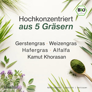 kost!bar Bio Greens Pulver, hochkonzentriert aus 5 Gräsern: Gerstengras, Weizengras, Hafergras, Alfalfa und Kamut Khorasan.