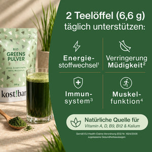 Glas mit grünem Getränk neben kost!bar Beutel, daneben Übersicht der Nährstoffe Vitamin A, D, B9, B12 und Kalium.