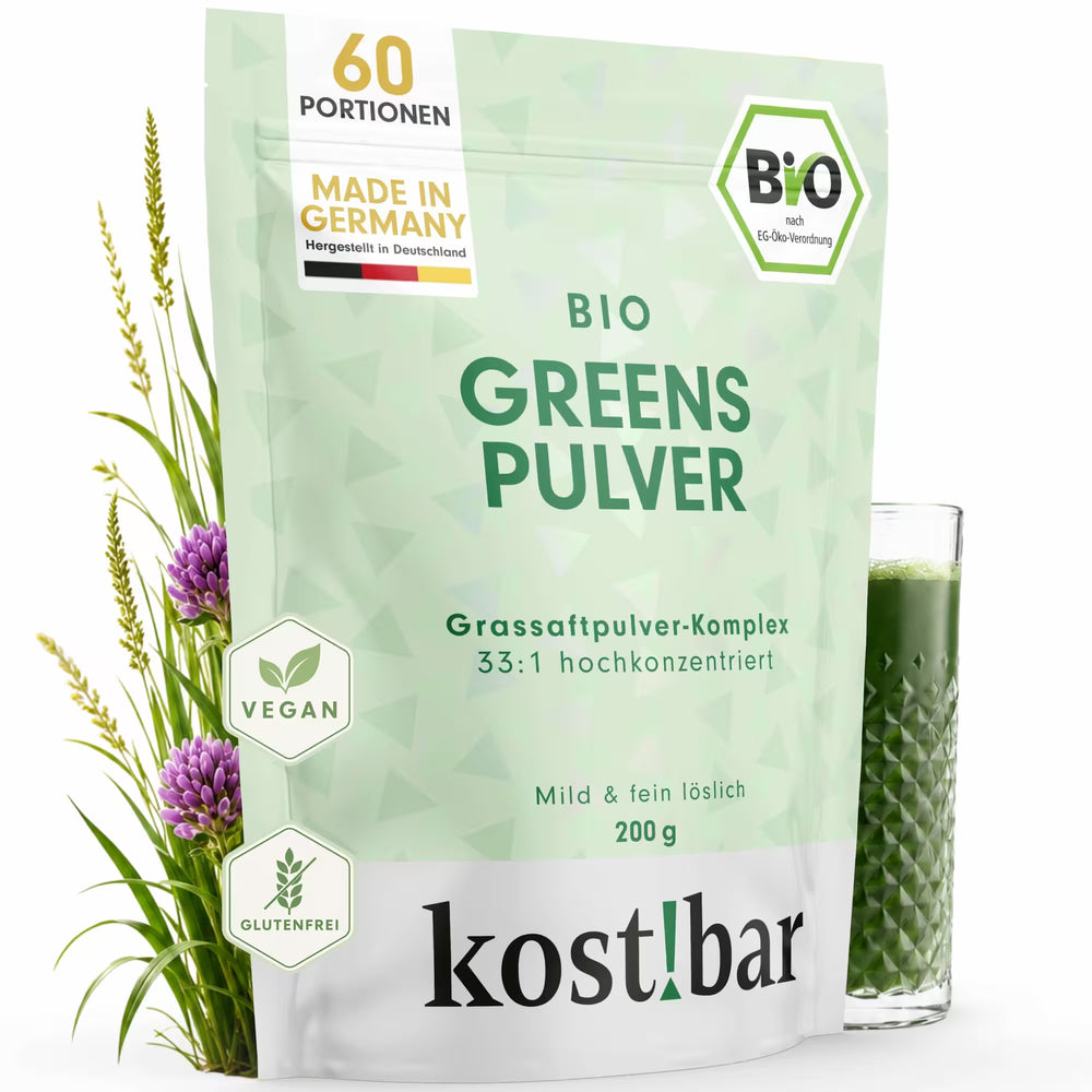 kost!bar Bio Greens Pulver aus 5 33:1 Grassaftpulvern mit Gerstengras, Weizengras, Alfalfa, Kamut und Hafergras als hochkonzentriertes Nährstoffpulver im 60 Portionen Beutel.