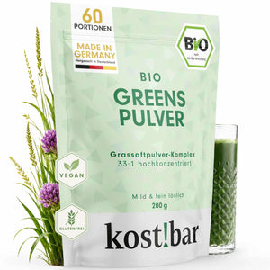 kost!bar Bio Greens Pulver aus 5 33:1 Grassaftpulvern mit Gerstengras, Weizengras, Alfalfa, Kamut und Hafergras als hochkonzentriertes Nährstoffpulver im 60 Portionen Beutel.