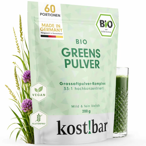 kost!bar Bio Greens Pulver aus 5 33:1 Grassaftpulvern mit Gerstengras, Weizengras, Alfalfa, Kamut und Hafergras als hochkonzentriertes Nährstoffpulver im 60 Portionen Beutel.