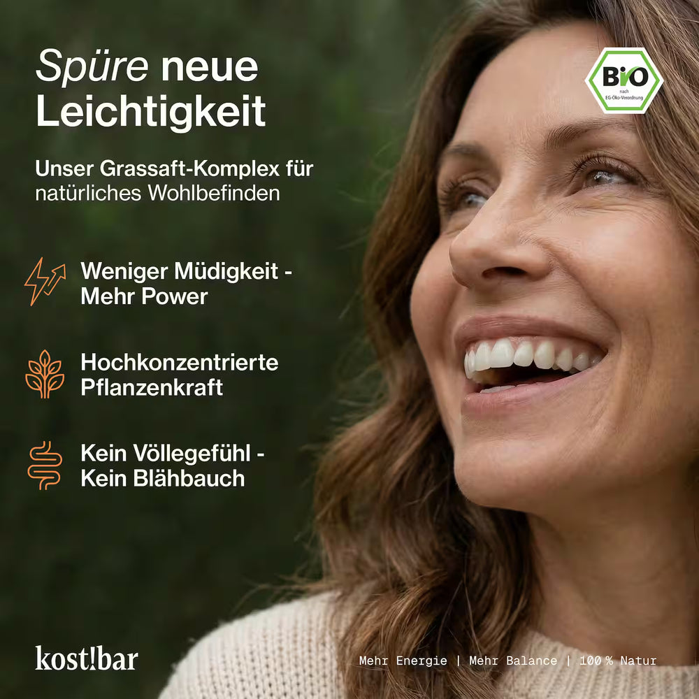 kost!bar Bio Greens Pulver aus 5 33:1 Grassaftpulvern mit Gerstengras, Weizengras, Alfalfa, Kamut und Hafergras als hochkonzentriertes Nährstoffpulver im 60 Portionen Beutel.
