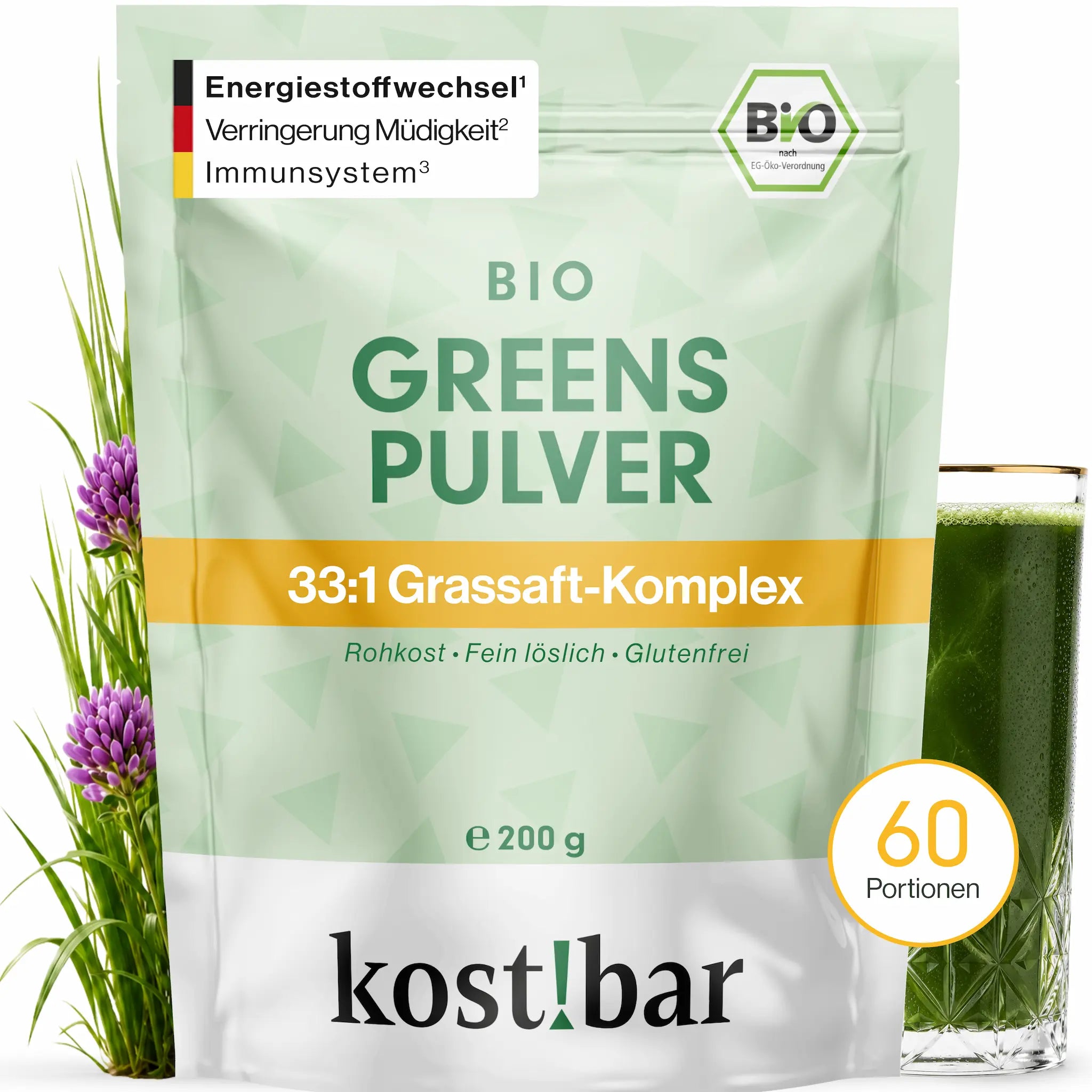 kost!bar Bio Greens Pulver, 200 g Beutel mit 60 Portionen, 33:1 Grassaft-Komplex aus 5 Bio-Gräsern, vegan und ohne Zusatzstoffe.