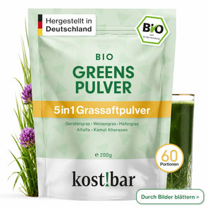 kost!bar Bio Greens Pulver, 33:1 Grassaftpulver Komplex aus 5 Bio-Gräser mit Gerstengras & Weizengras, vegan und ohne Zusatzstoffe