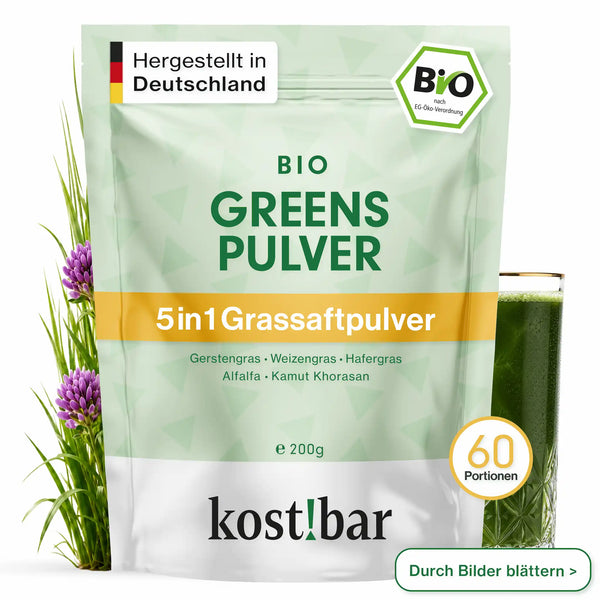 kost!bar Bio Greens Pulver, 33:1 Grassaftpulver Komplex aus 5 Bio-Gräser mit Gerstengras & Weizengras, vegan und ohne Zusatzstoffe