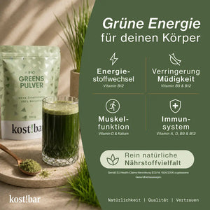 kost!bar Bio Greens Pulver: Vitamin A, D, B9, B12 und Kalium unterstützen die normale Funktion von Energiestoffwechsel, Immunsystem, Muskeln und Nerven.