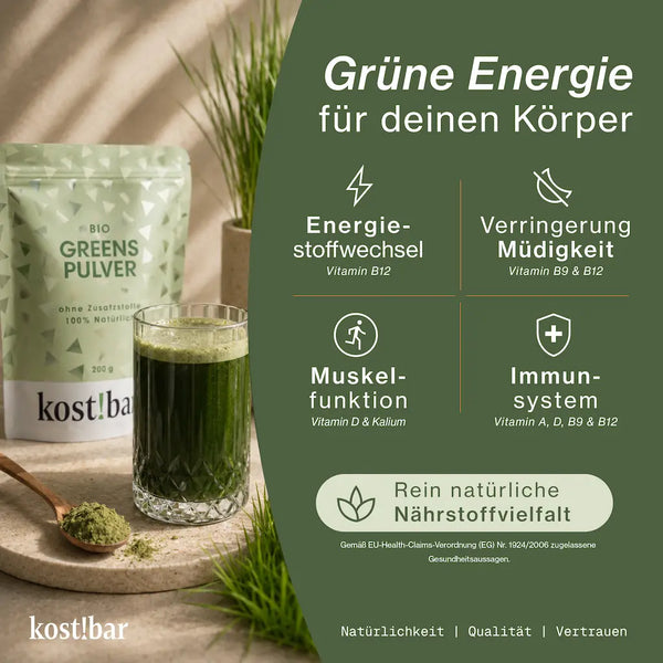 kost!bar Bio Greens Pulver: Vitamin A, D, B9, B12 und Kalium unterstützen die normale Funktion von Energiestoffwechsel, Immunsystem, Muskeln und Nerven.